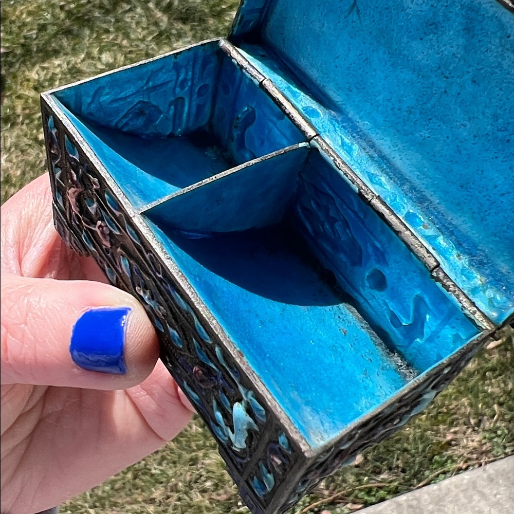 Antique Chinese Silver Plated Blue Purple Enamel Stamp Box Trinket Box - Picture 11 of 17